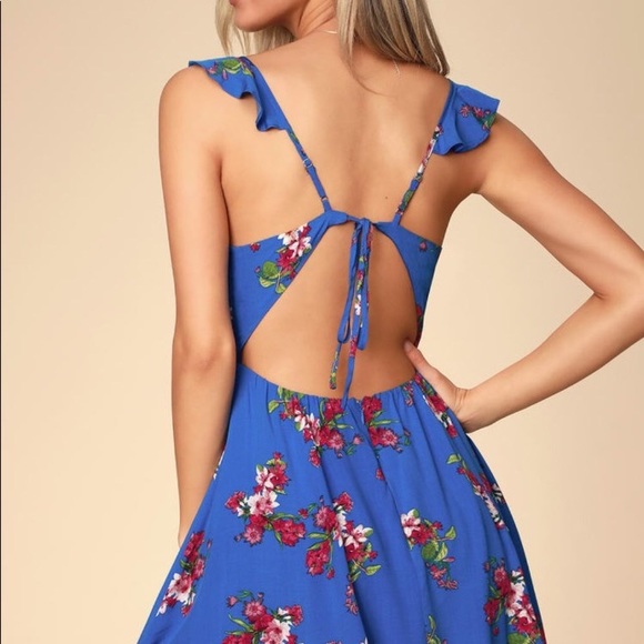 Lulu’s Royal Blue Floral Print Mini Dress Skater - Picture 3 of 8